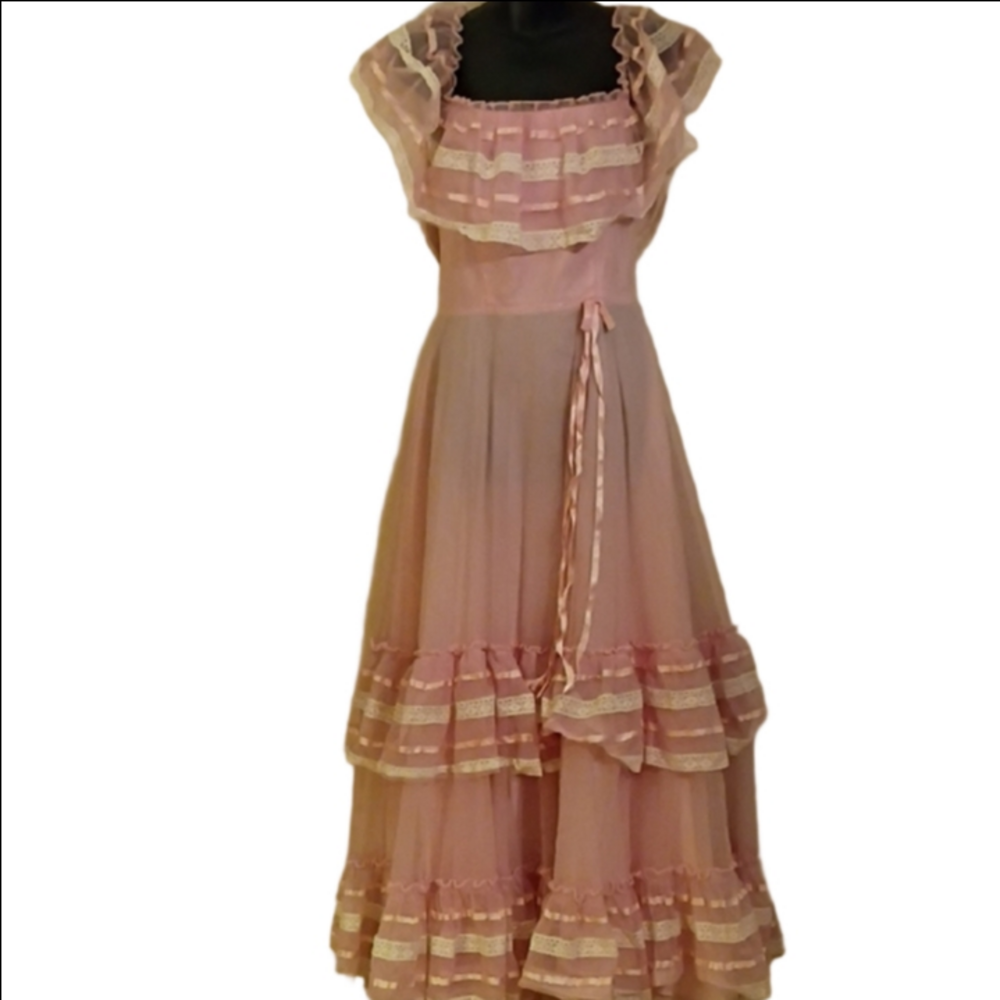 Vintage  Blush / Light Pink Ruffled Teired Maxi Dress. Coquettish/ Fairycore ?